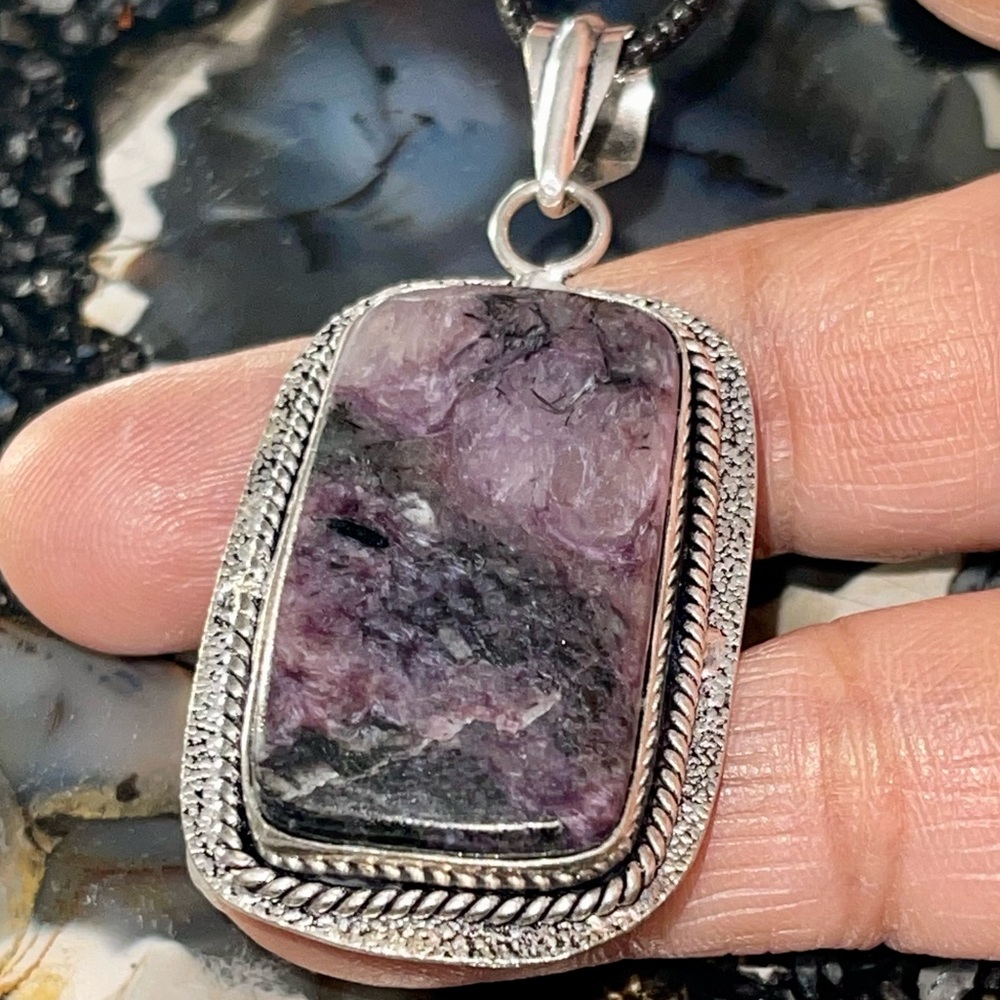 Rectangular Shape Charoite Pendant 2 1/4” - Picture 7 of 12